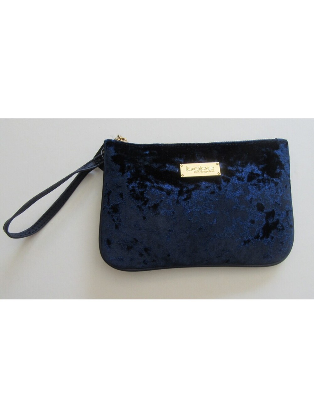 bebe Annie Crushed Velvet Large Wristlet Clutch Navy Blue NWT